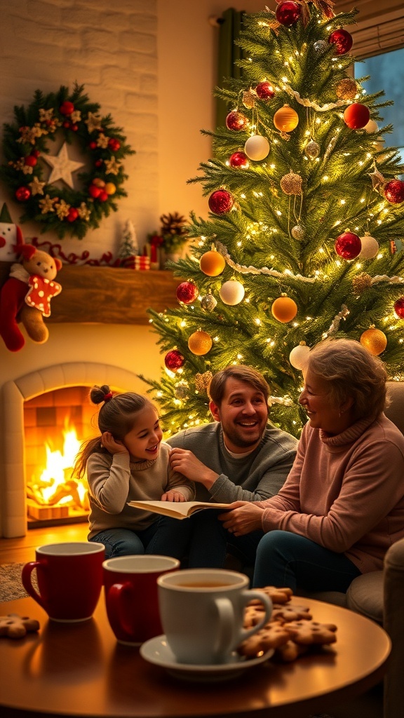 A joyful family celebrating Christmas together around a decorated tree with a warm fireplace.